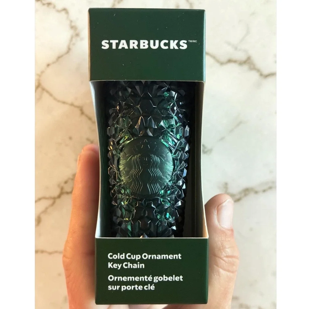 NIB Starbucks Limited Edition Mini Cold Cup Ornament Keychain in Emerald Crystal